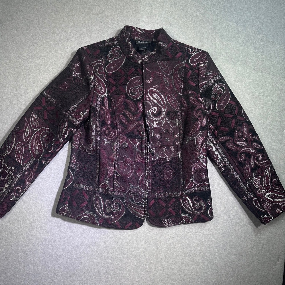 Molly & Maxx Womens Paisley Tapestry Jacquard Zip Front Jacket Burgundy Silver S